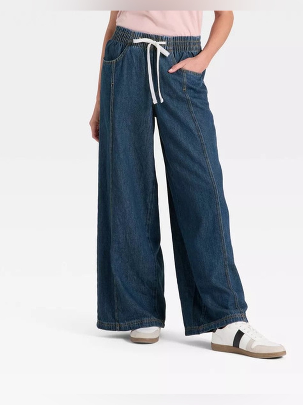 Wide Leg Drawstring Jeans - Blue